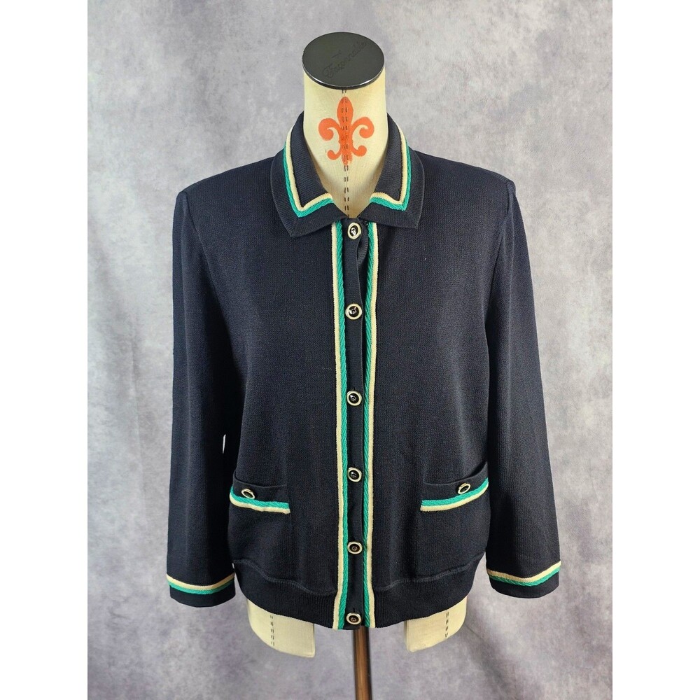 VTG St. John Collection Women 12 Long Slv Collared Button Black Cardigan Jacket